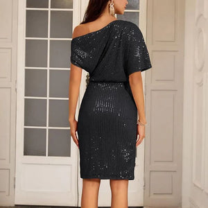 Abito da sera monospalla con paillettes da donna