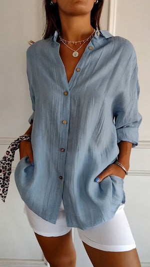 ✨ Camicia casual monopetto con revers a pieghe da donna in cotone e lino
