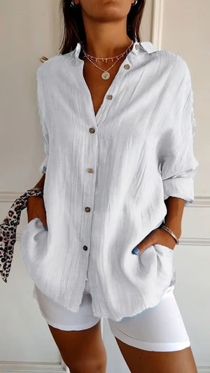 ✨ Camicia casual monopetto con revers a pieghe da donna in cotone e lino