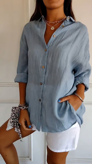 ✨ Camicia casual monopetto con revers a pieghe da donna in cotone e lino