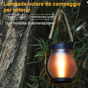 Lampada solare da esterno con fiamma in corda di canapa