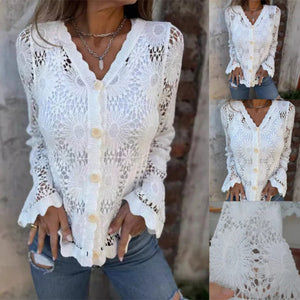 Top a maniche lunghe in pizzo con scollo a V per donna