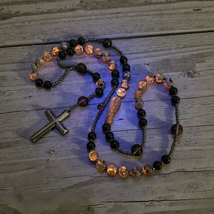 Collana con grani da preghiera in ossidiana nera naturale e Yooperlite