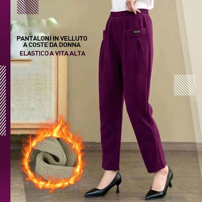 Pantaloni in velluto a coste elasticizzato a vita alta da donna