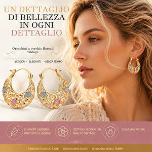 Orecchini a cerchio a mezzaluna placcati in oro, decorati con fiori smaltati