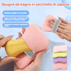 Morbida spugna da bagno con rete portasapone(2 pezzi)