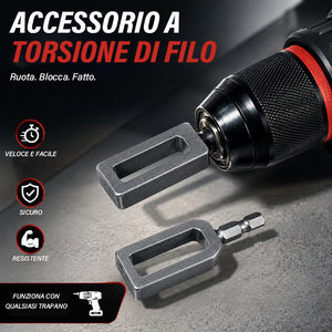 Strumento per la torsione di fili d'acciaio per trapani — Accessorio a presa rapida per torsione e taglio automatico
