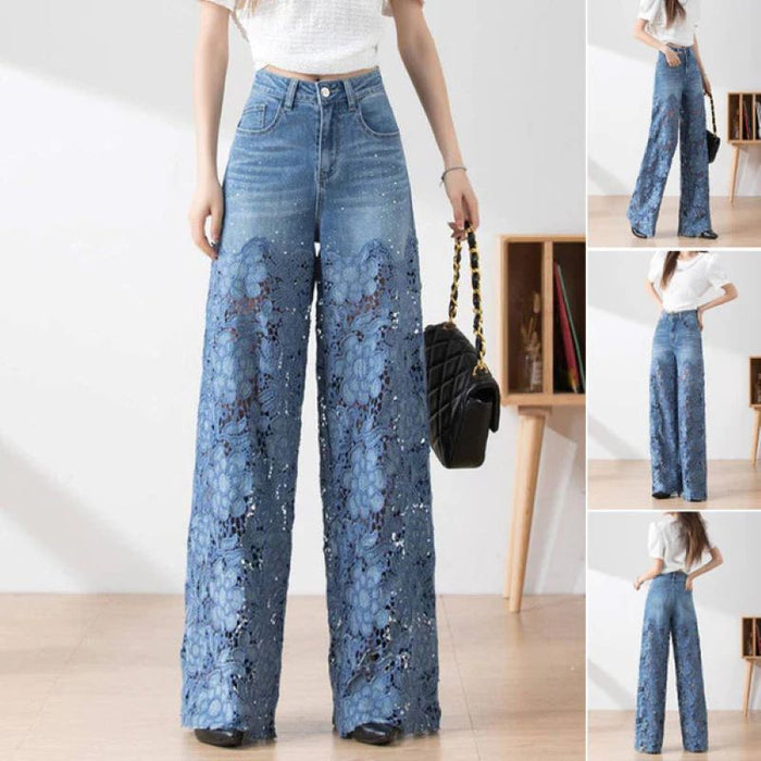 Pantaloni da donna in denim blu a vita alta con gamba larga e inserti in pizzo ritagliati