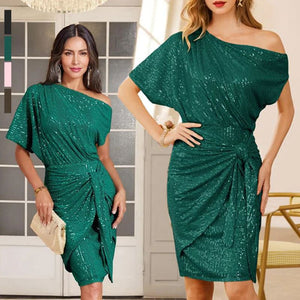 Abito da sera monospalla con paillettes da donna