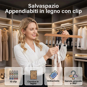 Gruccia in legno a più clip per guardaroba