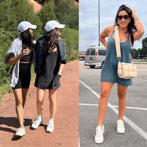 Abito da donna con miniabito sportivo senza maniche con pantaloncini incorporati, scollo a V, spalline sottili e tasche