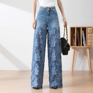 Pantaloni da donna in denim blu a vita alta con gamba larga e inserti in pizzo ritagliati