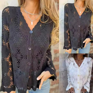 Top a maniche lunghe in pizzo con scollo a V per donna