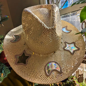 Cappello a prisma di paglia da cowgirl acchiappasole