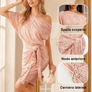 Abito da sera monospalla con paillettes da donna