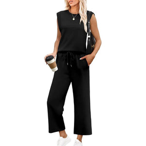 Completo da donna composto da top senza maniche e pantaloni a gamba larga, 2 pezzi