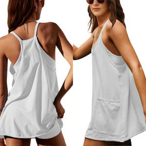 Abito da donna con miniabito sportivo senza maniche con pantaloncini incorporati, scollo a V, spalline sottili e tasche