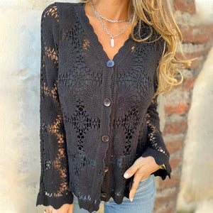Top a maniche lunghe in pizzo con scollo a V per donna