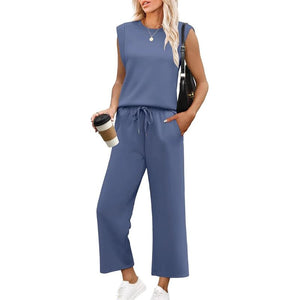 Completo da donna composto da top senza maniche e pantaloni a gamba larga, 2 pezzi