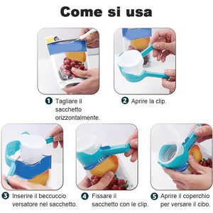 Clip per sigillare sacchetti di cibo con beccuccio versatore