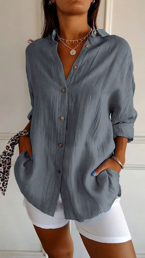 ✨ Camicia casual monopetto con revers a pieghe da donna in cotone e lino