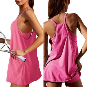 Abito da donna con miniabito sportivo senza maniche con pantaloncini incorporati, scollo a V, spalline sottili e tasche