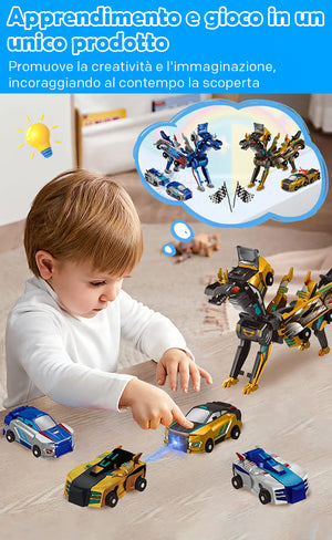 Auto magnetica 2 in 1 che si trasforma in un drago volante e in un unicorno
