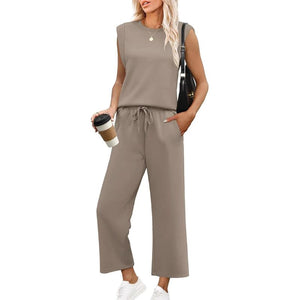 Completo da donna composto da top senza maniche e pantaloni a gamba larga, 2 pezzi