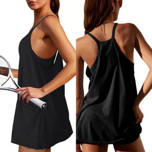 Abito da donna con miniabito sportivo senza maniche con pantaloncini incorporati, scollo a V, spalline sottili e tasche