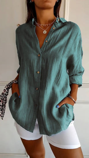 ✨ Camicia casual monopetto con revers a pieghe da donna in cotone e lino