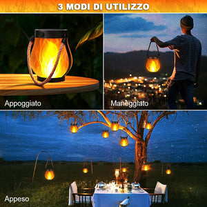 Lampada solare da esterno con fiamma in corda di canapa