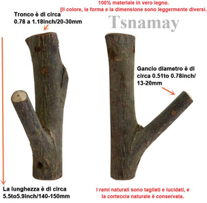 Gancio a parete con ramo d'albero in vero legno