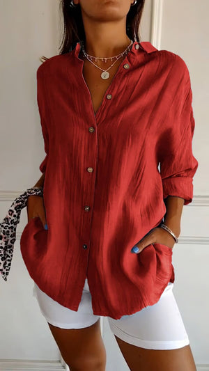 ✨ Camicia casual monopetto con revers a pieghe da donna in cotone e lino