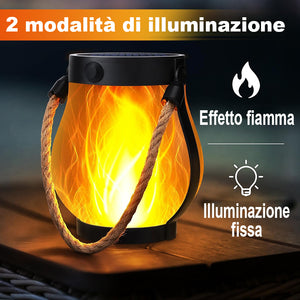 Lampada solare da esterno con fiamma in corda di canapa