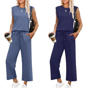 Completo da donna composto da top senza maniche e pantaloni a gamba larga, 2 pezzi
