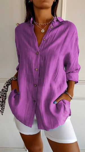 ✨ Camicia casual monopetto con revers a pieghe da donna in cotone e lino