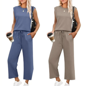 Completo da donna composto da top senza maniche e pantaloni a gamba larga, 2 pezzi