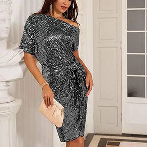 Abito da sera monospalla con paillettes da donna